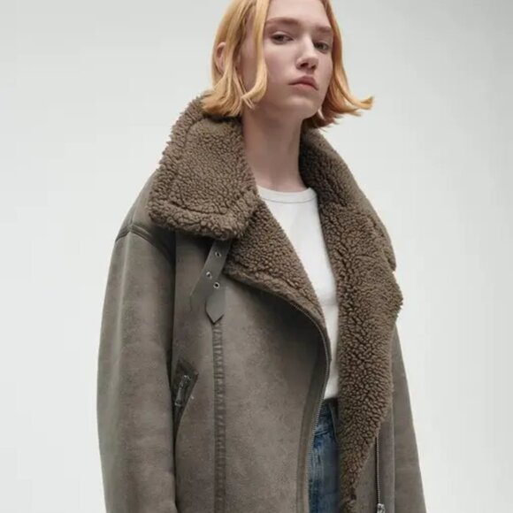 ZARA NEW WOMEN FAUX LEATHER SHEARLING DOUBLE-FACED BIKER JACKET GRAY 3548/243 - Picture 5 of 15